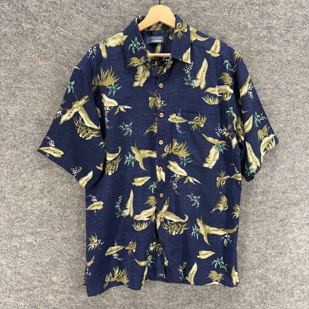 Premier Shirt Men M Medium Blue Floral Button Up Collared Short Sleeve Pockets